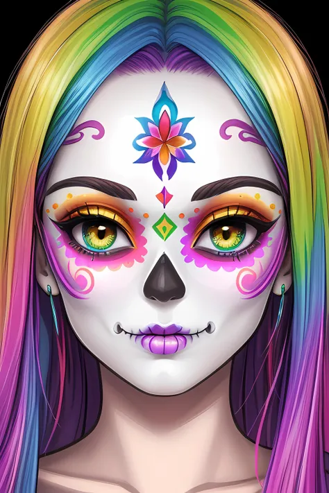 high resolution photo of (detailed face) female rainbow sugar skull makeup background colorful hdr 35mm