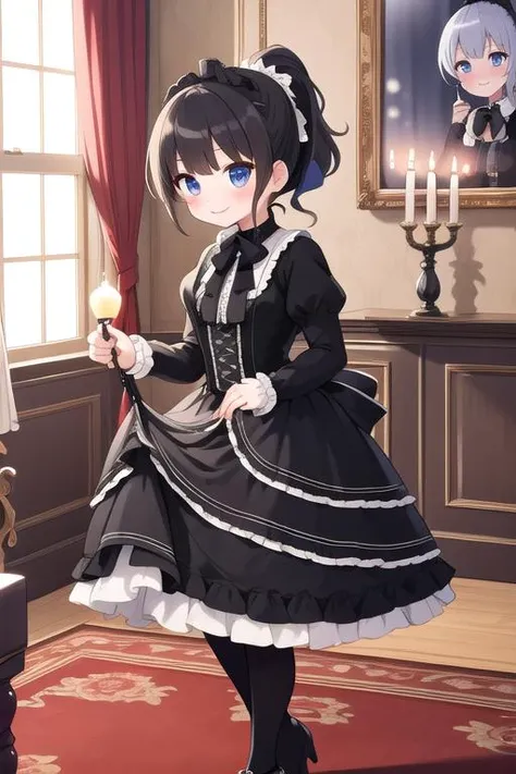 masterpiece,ultra detail,best quality,1girl,black ponytail,blush,evil smile,blue ttlolita <lora:ttolita:0.8>,indoor,luxurious dining room,fullbody,courtesy,candlestick