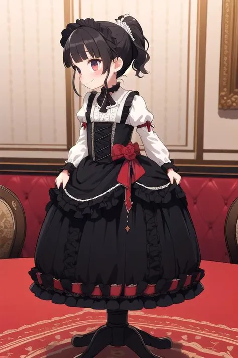 masterpiece,ultra detail,best quality,1girl,petite,black ponytail,blush,evil smile,white lace, ttlolita <lora:ttolita:0.8>,indoor,luxurious dining room,fullbody,courtesy,candlestick