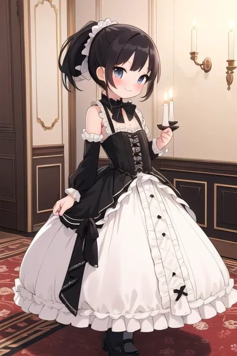 masterpiece,ultra detail,best quality,1girl,petite,black ponytail,blush,evil smile,white lace, ttlolita <lora:ttolita:0.8>,indoor,luxurious dining room,fullbody,courtesy,candlestick,