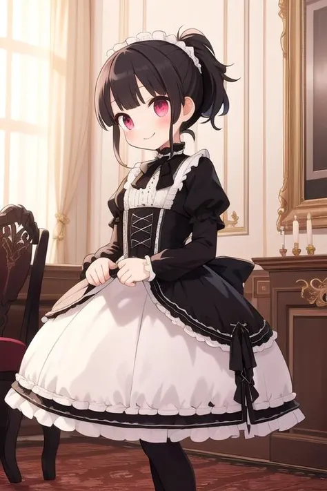 masterpiece,ultra detail,best quality,1girl,petite,black ponytail,blush,evil smile,white lace, ttlolita <lora:ttolita:0.8>,indoor,luxurious dining room,fullbody,courtesy,candlestick,