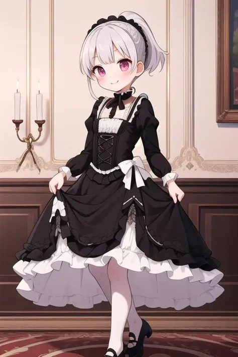 masterpiece,ultra detail,best quality,1girl,petite,black ponytail,blush,evil smile,white lace, ttlolita <lora:ttolita:0.8>,indoor,luxurious dining room,fullbody,courtesy,candlestick,