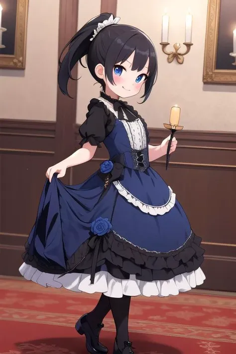 masterpiece,ultra detail,best quality,1girl,petite,black ponytail,blush,evil smile,blue dress, ttlolita <lora:ttolita:0.8>,indoor,luxurious dining room,fullbody,courtesy,candlestick