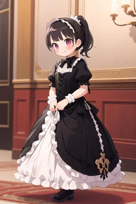 masterpiece,ultra detail,best quality,1girl,petite,black ponytail,blush,evil smile,white lace, ttlolita <lora:ttolita:0.8>,indoor,luxurious dining room,fullbody,courtesy,candlestick,