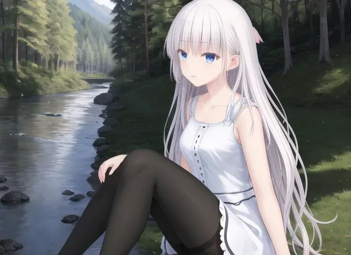 masterpiece,best quality,highres,original,naruse shiroha,sitting,black pantyhose, dress,forest, river,