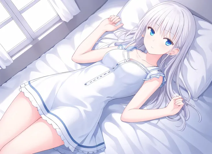 master piece,best quality,highres,naruse shiroha,1girl,in room,white dress, window, lying