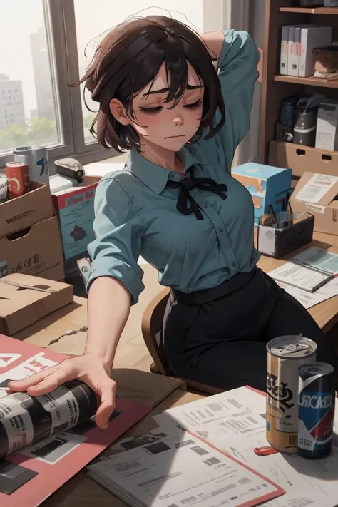 (masterpiece, best quality, ultra detailed), 1girl, solo, mature woman, turn one's face away, looking away, half-closed eyes, furrowed brow, (Bags under eyes:1.1), <lora:bags under eyes:0.8>, office lady, frills collared blouse, pants, office, early morning, desk, sitting chair, wakeupstretch, (stretching, arm behind head:1.2), <lora:wake_up:0.8>, closed mouth, <lora:closedmouth_type2_v100:0.9>, sidelighting, Clutter-Home, <lora:Clutter-Home:1.5>, energy drink can,