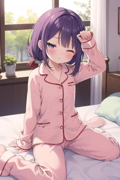 masterpiece,ultra detail,best quality,girl,kahuu chino,petite,fantasy bedroom,wakeupeye, rubbing eyes,morning,window,sleepy,flare <lora:wake_up:0.7>,rabbit pajamas,sitting on bed,stuffed toy,yarn
