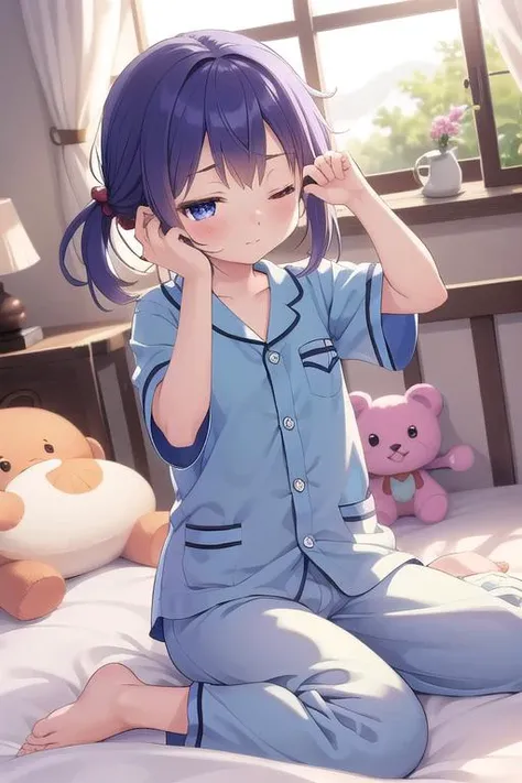 masterpiece,ultra detail,best quality,girl,kahuu chino,petite,fantasy bedroom,wakeupeye, rubbing eyes,morning,window,sleepy,flare <lora:wake_up:0.7>,blue pajamas,sitting on bed,stuffed toy,yarn
