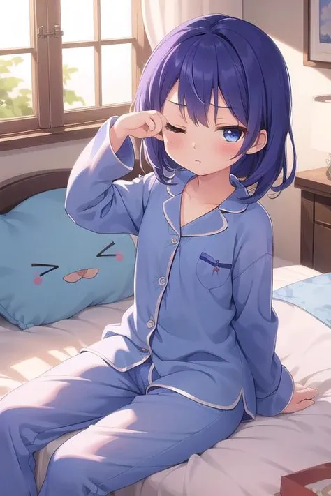 masterpiece,ultra detail,best quality,girl,kahuu chino,petite,fantasy bedroom,wakeupeye, rubbing eyes,morning,window,sleepy,flare <lora:wake_up:0.7>,blue pajamas,sitting on bed,stuffed toy,yarn