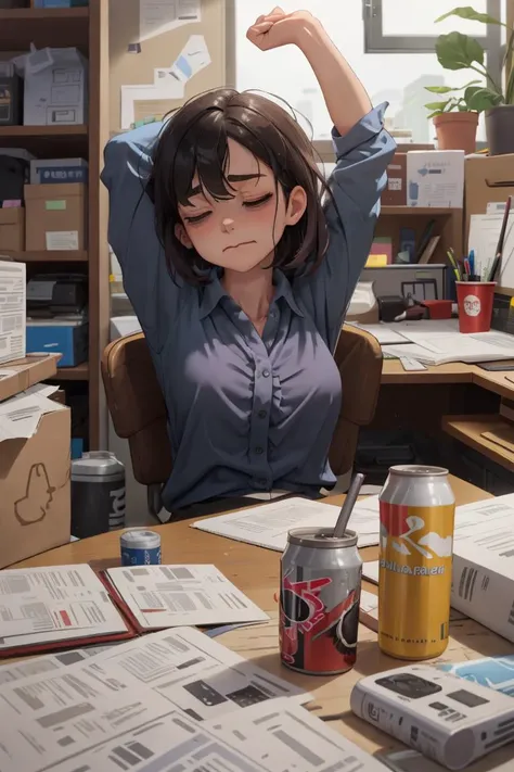 (masterpiece, best quality, ultra detailed), 1girl, solo, mature woman, turn one's face away, looking away, half-closed eyes, furrowed brow, (Bags under eyes:1.1), <lora:bags under eyes:0.8>, office lady, frills collared blouse, pants, office, early morning, desk, sitting chair, wakeupstretch, (stretching, arm behind head:1.2), <lora:wake_up:0.8>, closed mouth, <lora:closedmouth_type2_v100:0.9>, sidelighting, Clutter-Home, <lora:Clutter-Home:1.5>, energy drink can,