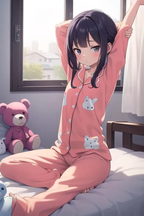 masterpiece,ultra detail,best quality,girl,petite,bedroom,wakeupstretch, stretching, arm behind head,morning,window,sleepy,flare <lora:wake_up:0.7>,animal pajamas,sitting on bed,stuffed toy,yarn