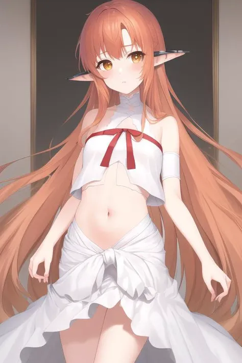 masterpiece, best quality, white dress, crop top, white fabric armlet, detached sleeves, (bare arms:1.1), navel, midriff, bare shoulders, red ribbon, pointy ears, ear cover, orange hair, brown eyes, <lora:Titania1:1>