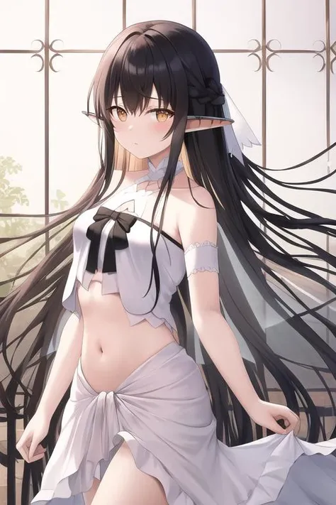 masterpiece, best quality, <lora:Titania1:1>, midriff, navel, fairy wings, pointy ears, white ribbon, black dress, black hair