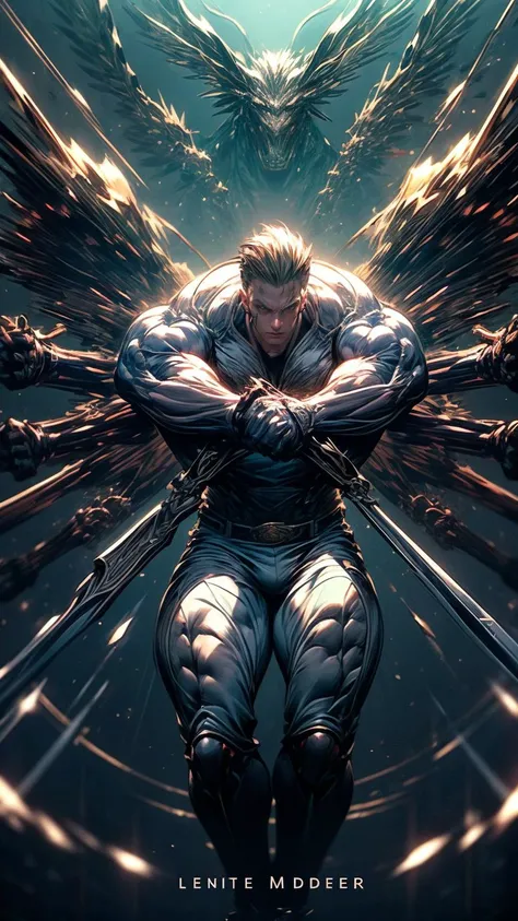 Realistic,masterpiece,best quality,
r1ge,muscular,masculine,photo of a handsome man,light smile,full body,standing,look at viewer,Slicked back,
<lora:punch_with_extra_arms_v1:0.6>,extra arms,motion lines,GRPN,blademancer,floating weapon,multiple weapon,
<lora:weight_slider_v2:0.5>,<lora:muscle_slider_v1:1.5>,
<lora:add_detail:0.5>,<lora:Concept - Blademancer:0.2>,<lora:r1ge - AnimeRage:0.3>,