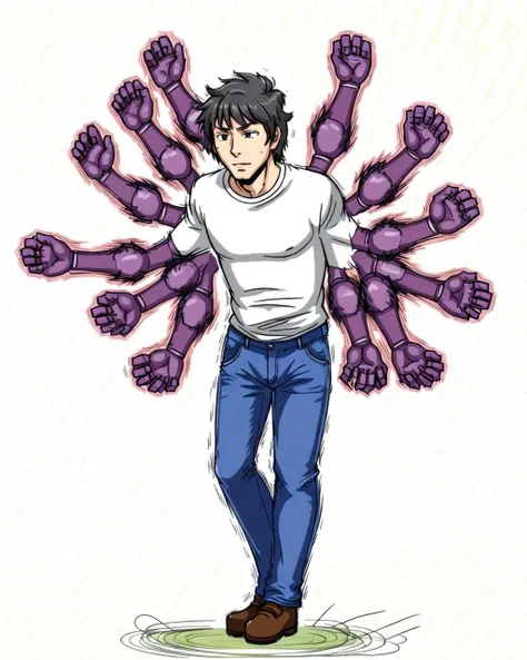 solo, full body, motion lines, standing, afterimage, extra arms, clenched hands, pants, shirt, 1boy,detailed face <lora:punch_with_extra_arms_v1:0.6>
