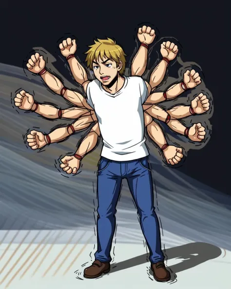 solo, full body, motion lines, standing, afterimage, extra arms, clenched hands, pants, shirt, 1boy,detailed face <lora:punch_with_extra_arms_v1:0.6>