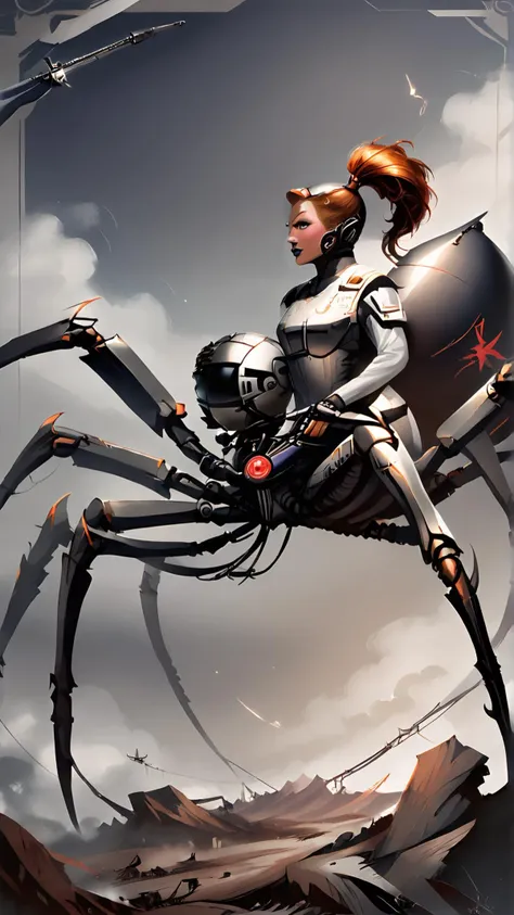 <lora:4r4chn1dPony:0.75>, score_9, score_8_up, score_7_up, score_6_up, fantasy 4r4chn1d, concept art, digital art, realistic, detailed face,  solo, arachnid, man desktop wallpaper, official_wallpaper, atmospheric, warrior, blushing, combat stance, holding a weapon,  auburn hair, Black skin, Jheri curls, <lora:Smooth Anime 2 Style SDXL_LoRA_Pony Diffusion V6 XL:0.8>, in location robotic assembly line, (Masterpiece:1.3) (best quality:1.2) (high quality:1.1)