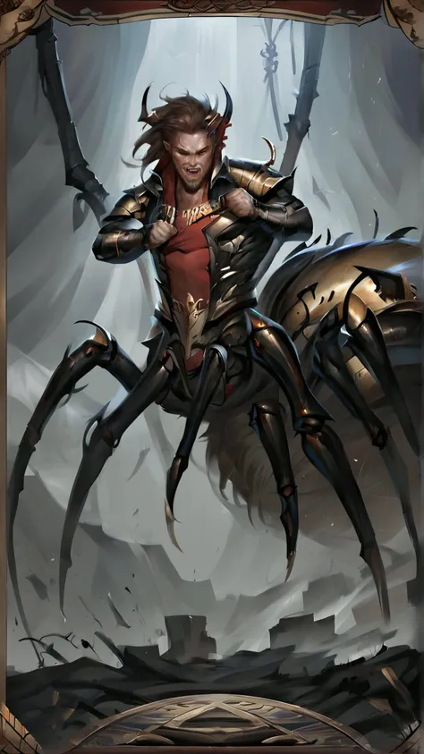 <lora:4r4chn1dPony:0.65>, score_9, score_8_up, score_7_up, score_6_up, score_5_up, score_4_up, closeup of 4r4chn1d, fantasy concept art, digital art, oil painting, realistic, detailed face, solo, arachnid, man desktop wallpaper, official_wallpaper, atmospheric, warrior, (screaming:0.6), combat stance, holding a weapon, ash brown hair, Light skin, Low ponytail, in location abandoned amusement park, (Masterpiece:1.3) (best quality:1.2) (high quality:1.1)