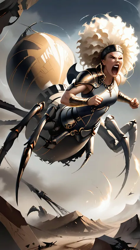 <lora:4r4chn1dPony:0.75>, score_9, score_8_up, score_7_up, score_6_up, fantasy 4r4chn1d, concept art, digital art, realistic, detailed face, solo, arachnid, Viscacha inspired desktop wallpaper, official_wallpaper, atmospheric, warrior, screaming, combat stance, holding a weapon, dark blonde hair, Fair skin, Afro, <lora:Smooth Anime 2 Style SDXL_LoRA_Pony Diffusion V6 XL:0.8>, in location burning desert, (Masterpiece:1.3) (best quality:1.2) (high quality:1.1)