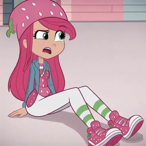 strawberry shortcake, pink hair, pink hat, freckles, green eyes, shoes, open mouth, sitting, 1girl, pink headwear, pink hair