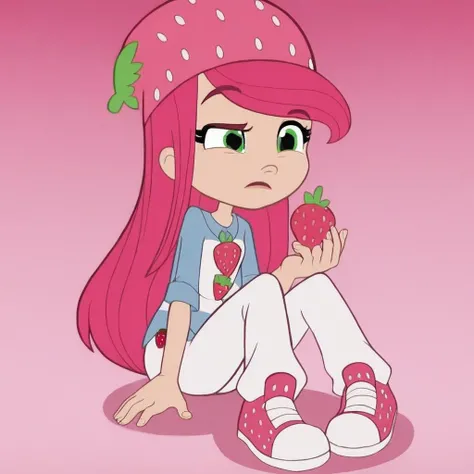 striped, shirt, 1girl, long hair, green eyes, pink hair, strawberry, sitting, shoes, hat, freckles