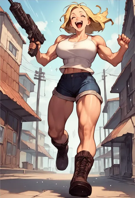 1girl, solo, holding weapon, gatling gun, muscular, big breast, blonde hair, tank top, shorts, boots, laughing, open mouth, motion lines <lora:[GP] somethingweird [Pony XL]:1>, score_9, score_8_up, score_7_up, score_6_up, score_5_up, score_4_up, BREAK source_anime, masterpiece