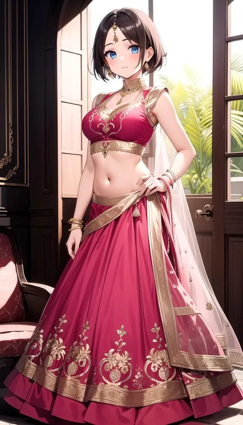 medium breasts, Blue eyes, masterpiece, best quality, 1girl, <lyco:Lehenga_choli:0.3>, Pink Lehenga choli, Short hair