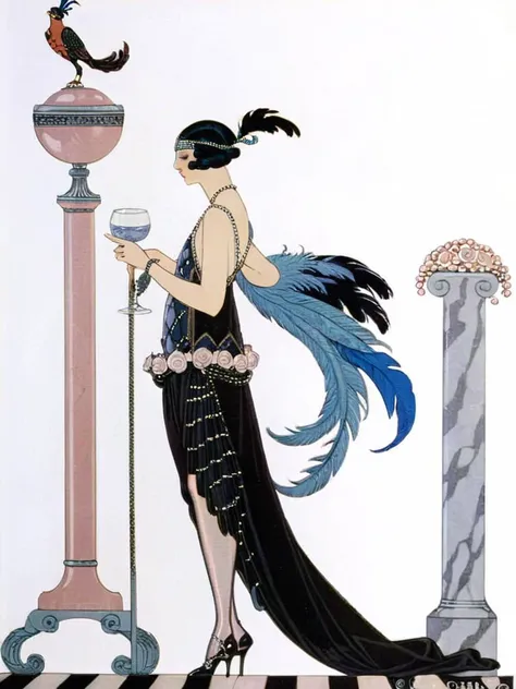 <lora:sdxl_George barbier v1.0:0.8>,george barbier, illustration, flat illustration, 1girl, flower, rose, 1boy, profile, dress, feathers, black hair, high heels, jewelry,watermark,marble handrail,statue,pearl,wineglass,, masterpiece, best quality,absurdres,highres,ultra detailed,official art,
BREAK