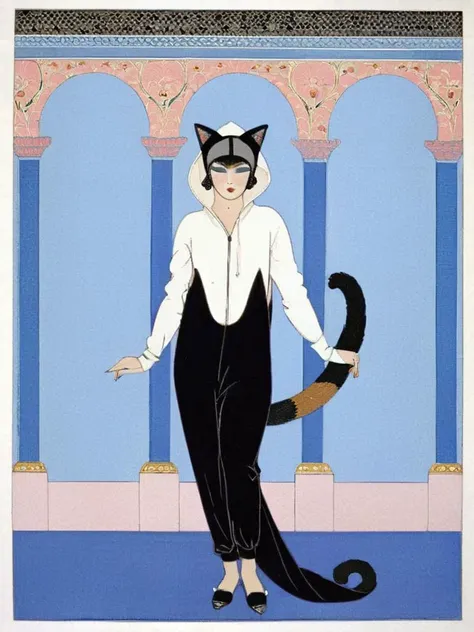 <lora:sdxl_George barbier v1.0:0.8>,best artwork of george barbier,  magazine,1920s fashion,illustration, flat illustration, 1girl, (black theme:1.4), (fusion of black hoodie and black jumpsuit:1.4), (put a hood on head:1.4), (black cat ears on hood:1.3), (black slippers:1.1),, masterpiece, best quality,absurdres,highres,ultra detailed,official art,
BREAK