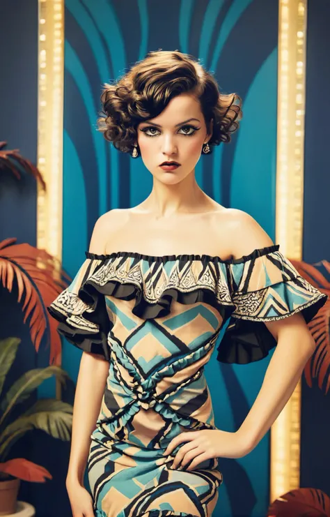 fashion photoshoot, shot by Ellen Von Unwerth, <lora:sdxl_George barbier v1.0:0.75> george barbier, illustration, flat illustration, 1920s art-deco aesthetics, stunning Caymanian woman with a tired expression wearing Ruffle sleeve off-the-shoulder mini dress, two tone background, abstract geometric gradients, geometric shapes, high quality, 4k, 8k, masterpiece, two tone cinematic lighting