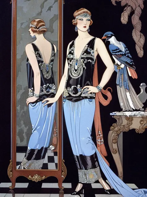 <lora:sdxl_George barbier v1.0:0.8>,george barbier, illustration, flat illustration, 1girl, solo, dress, bird, earrings, brown hair, jewelry, black background, standing, mirror, full body, black footwear, sleeveless, holding, blue dress, sleeveless dress, print dress, shoes,, masterpiece, best quality,absurdres,highres,ultra detailed,official art,
BREAK