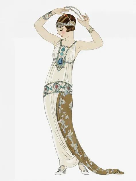 <lora:sdxl_George barbier v1.0:1>,george barbier,white background,  1920s fashion, 1girl, solo, dress, closed eyes, simple background, full body, bracelet, jewelry, standing, white dress, hands up, white footwear, masterpiece, best quality,absurdres,highres,ultra detailed,official art,
BREAK