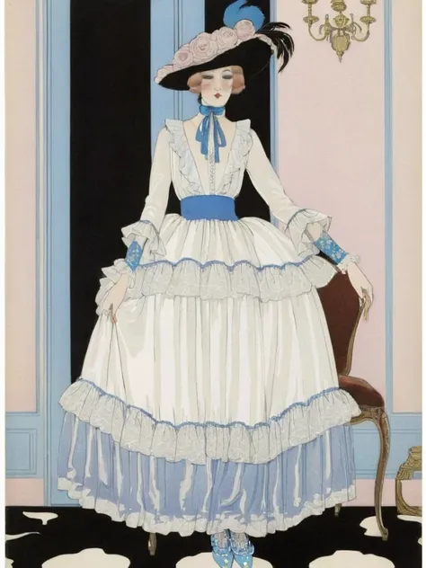 <lora:sdxl_George barbier v1.0:0.8>,best artwork of george barbier,  magazine,1920s fashion,illustration, flat illustration, 1girl, (elegant-inspired motif:1.2), white lace, ruffles, (closed collar long-sleeved blouse with frilled and ribbon:1.2), ((various kinds of colored:1.2) velvet with golden embroidery aesthetic cottage-core Renaissance (long:1.3) dress with (lots of layered frills:1.2) and ribbons:1.2), (pearls:1.2), choker, (lace ruffle socks:1.2), platform shoes,, masterpiece, best quality,absurdres,highres,ultra detailed,official art,
BREAK