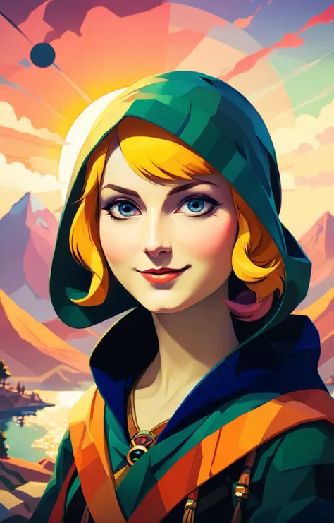 triadic colors, midriff, solo, Legend of Zelda style art of a painting BREAK <lora:sdxl_George barbier v1.0:0.75> george barbier, illustration, flat illustration, 1920s art-deco aesthetics, stunning Finnish woman with a small smile wearing a practical hood, two tone background, abstract geometric gradients, geometric shapes BREAK inspired by Tadeusz Brzozowski, behance contest winner, geometric abstract art, vibrant tourism poster, setting sun, miro, amoled wallpaper<lora:xl_more_art-full_v1:0.5>, Vibrant, fantasy, detailed, epic, heroic, reminiscent of The Legend of Zelda series, <lora:xl_more_art-full_v1:.25>, cinematic lighting, (rim lighting, side lighting:1.4), bokeh, 4k