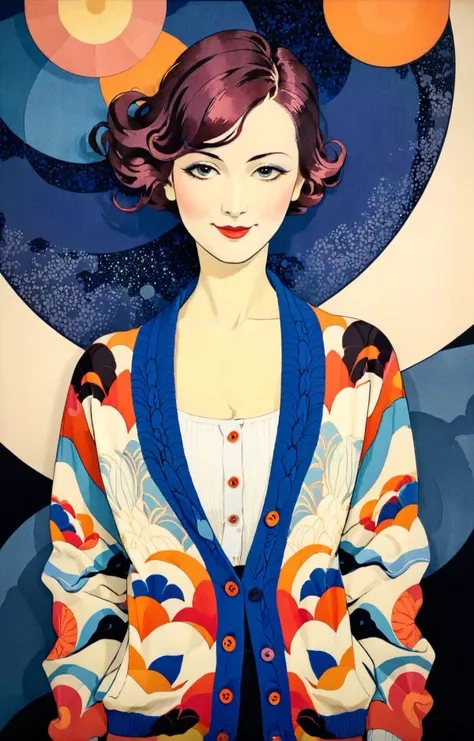 triadic colors, head and shoulders, solo, japanese ink, dark night, grim shadow, dramatic lighting BREAK <lora:sdxl_George barbier v1.0:0.75> george barbier, illustration, flat illustration, 1920s art-deco aesthetics, stunning Herzegovinians woman with a small smile wearing Ribbed button-front cardigan, two tone background, abstract geometric gradients, geometric shapes BREAK (anime manga by Hiroshi Yoshida Hiroshi Nagai) <lora:xl_more_art-full_v1:0.5>