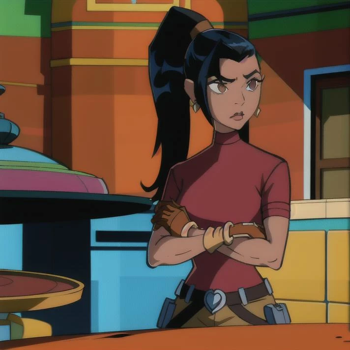 masterpiece,best quality, 1girl,crossed arms, solo, long hair, , shirt,black hair, brown eyes, brown gloves,jewelry, medium breastsing, upper body, ponytail, short sleeves, sidelocks, cowboy shot, earrings, tongue, belt, brown pants, indoors, dark skin, uniform, dark-skinned female, turtleneck, parody, red shirt, <lora:kaigreen:0.7>