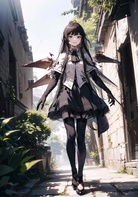 1girl, solo, Arturia,
BREAK long_hair, bangs, skirt, medium_breasts, black_hair, very_long_hair, light_smile, closed_mouth,
BREAK black_footwear, high_heels, ascot, capelet, halo, white_capelet, very long hair, (black wings:1.3), ((detached wings)), black eyes, wings, black_gloves, (elbow_gloves), black_thighhighs, blunt_bangs, black_skirt, lace-trimmed legwear,
BREAK walking, looking_away,
BREAK outdoors, (ruins), foreground_bushes, trees, bushes, stone_floor, sunshine, (tyndall_effect),
((masterpiece)), (highres), (best_quality), (highly_detailed), (original),(Delicate background),(extremely detailed 8K wallpaper),cinematic lighting, volume lighting, light particles, shaded_face, beautiful_detailed_eyes, depth_of_field, perspective,<lora:阿尔图罗Arturia:0.8:lbw=char>,<PrivateLoRA:0.8>