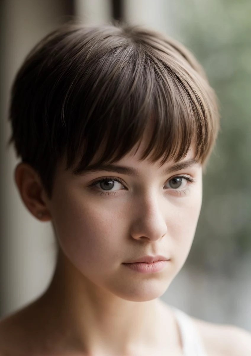 (best quality), Lensbaby shot of a 1girl of yo (Hélène Létourneau:1.3), Crew Cut hair