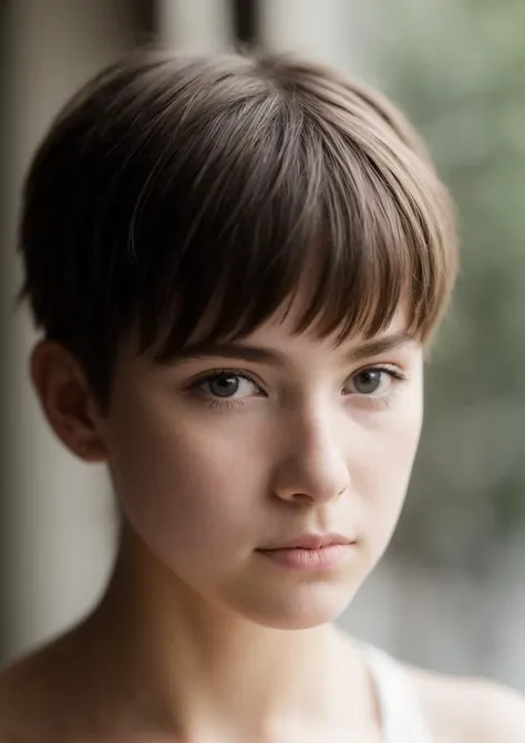 (best quality), Lensbaby shot of a 1girl of 14yo (Hélène Létourneau:1.3), Crew Cut hair