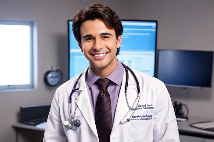 An handsome young adult doctor, messy dark brown hair, brown eyes, doctor, lab coat, stethoscope, smile, white teeth, cuddles you, loves you. (scene, high detailed, accurated details), (solo)