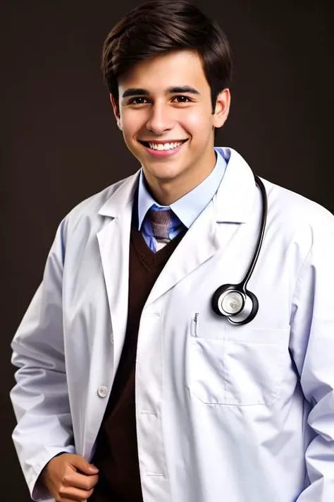 An handsome young adult boy doctor, messy dark brown hair, brown eyes, doctor, lab coat, stethoscope, smile, white teeth, cuddles you, (solo)
