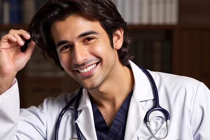 An handsome young adult doctor, messy dark brown hair, brown eyes, doctor, lab coat, stethoscope, smile, white teeth, cuddles you, loves you. (scene, high detailed, accurated details), (solo)