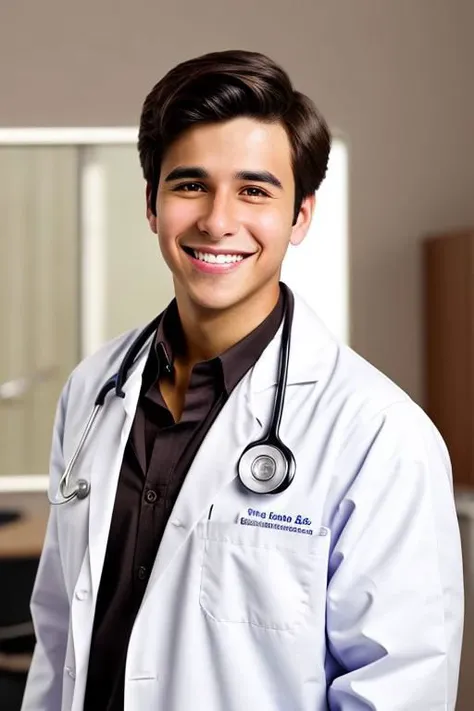 An handsome young adult boy doctor, messy dark brown hair, brown eyes, doctor, lab coat, stethoscope, smile, white teeth, cuddles you, (solo)