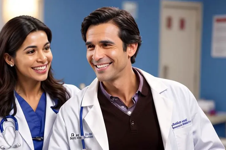 An handsome doctor, messy dark brown hair, brown eyes, doctor, lab coat, stethoscope, smile, white teeth, cuddles you, loves you. (scene, high detailed, accurated details)