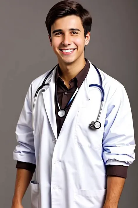 An handsome young adult boy doctor, messy dark brown hair, brown eyes, doctor, lab coat, stethoscope, smile, white teeth, cuddles you, (solo)