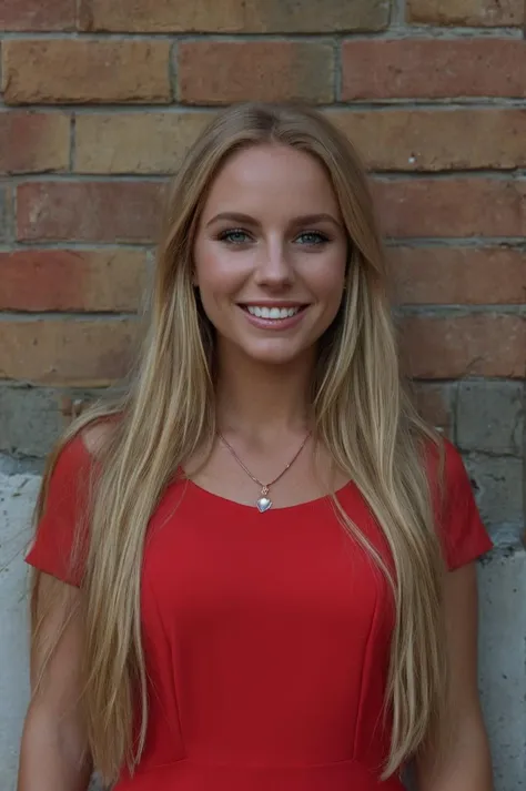 woman,against wall,blonde hair,brick wall,jewelry,lips,long hair,looking at viewer,necklace,pendant,photorealistic,realistic,red dress,red shirt,smile,solo,teeth,upper body,wall,