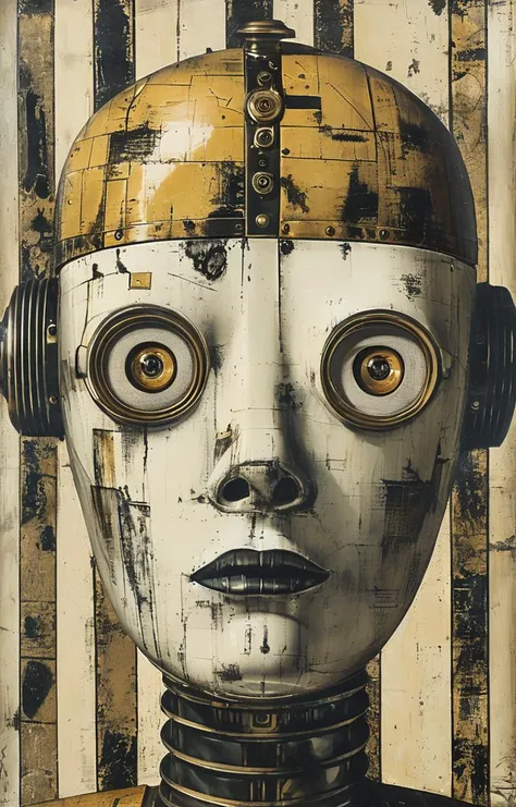 masterpiece,best quality,<lora:tbh150-sdxl:0.9>,style of Piero Fornasetti, portrait of robot