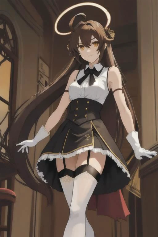 ,Ninym Ralei ,ninym ralei, ahoge, long hair, hair ornament, sleeveless shirt, brown thighhighs, garter straps, skirt, white gloves, arm garter spread legs, perfect feet, standing in shock, <lora:ninym1:1> outside cafe, leading pov, evil thoughts