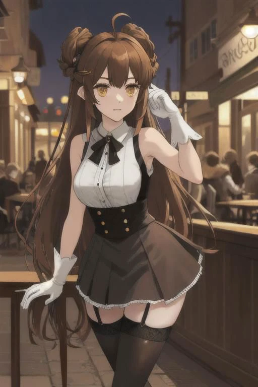 ,Ninym Ralei ,ninym ralei, ahoge, long hair, hair ornament, sleeveless shirt, brown thighhighs, garter straps, skirt, white gloves, arm garter spread legs, perfect feet, standing in shock, <lora:ninym1:1> outside cafe, leading pov, evil thoughts